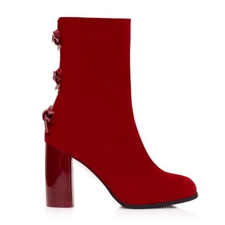 botine piele intoarsa cu fundite si toc patrat rosu