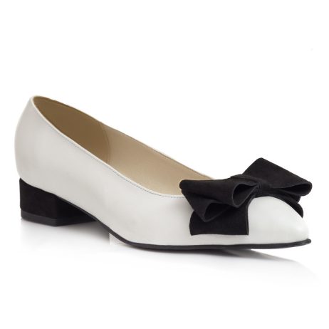 Balerini piele dama cu funda si toc Dream W1 alb negru - imagine 2